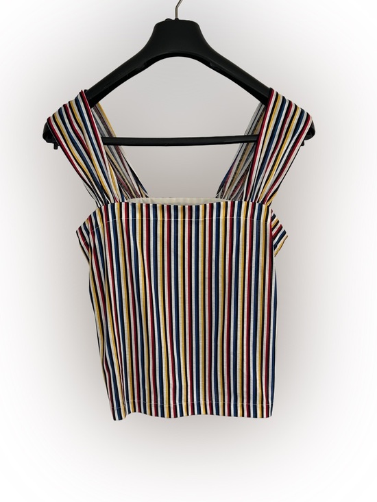 Raffanalla Tops - Vintage Raffanalla Stripe Square-Neck Cotton Crop Top - Navy/Red/Yellow Size 8